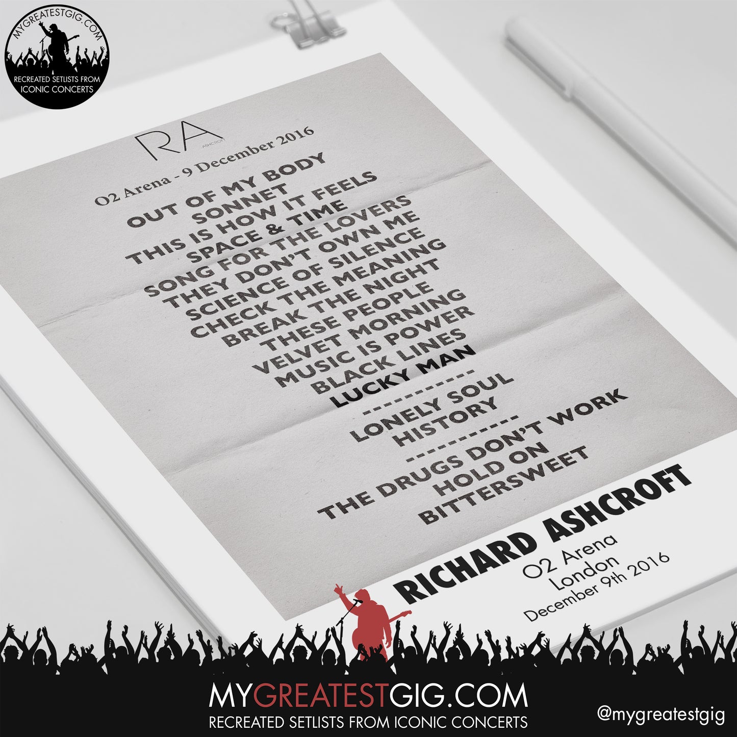 Richard Ashcroft - London - December 9th 2016 Recreated Setlist Poster
