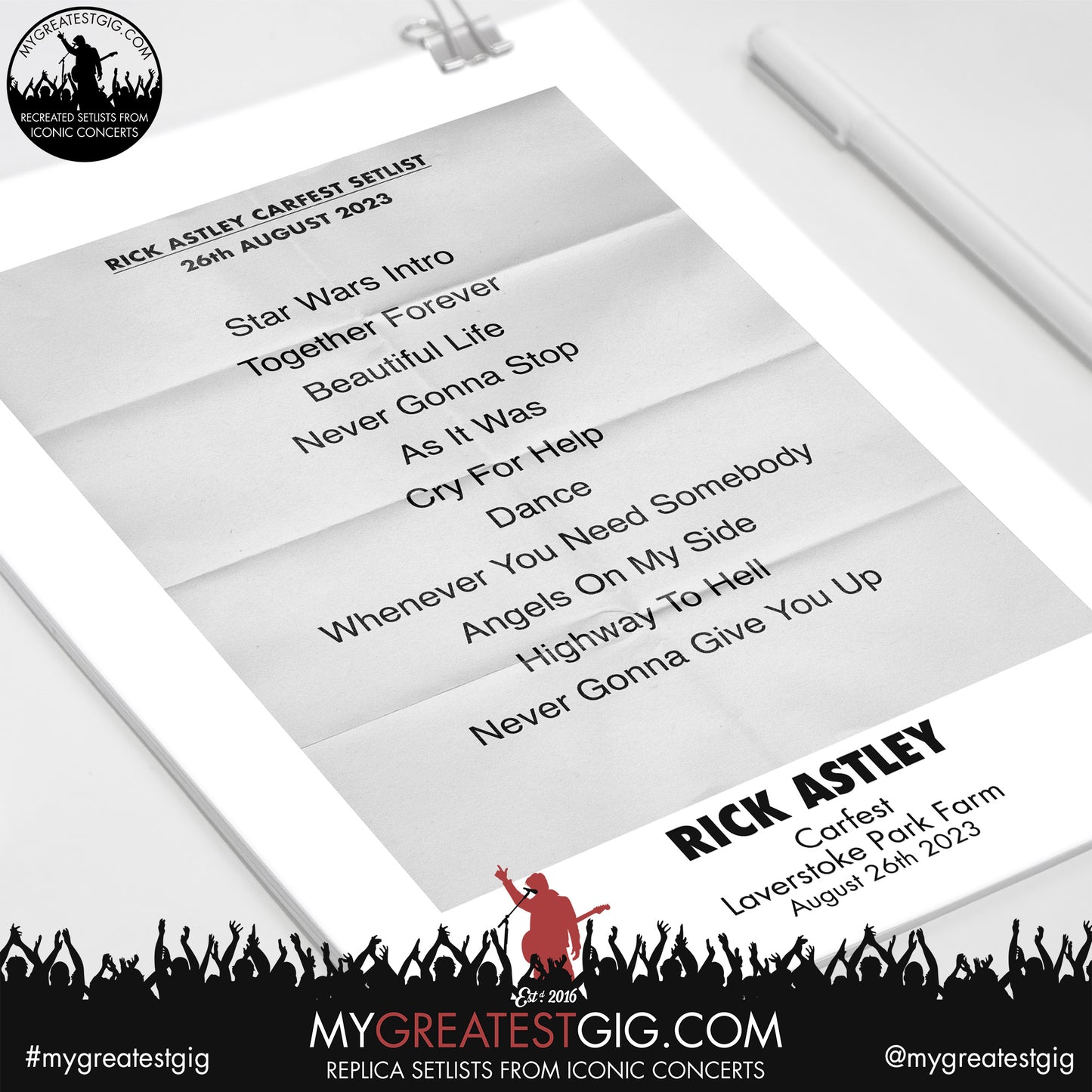 Rick Astley - Carfest - August 26th 2023 Replica Setlist Poster