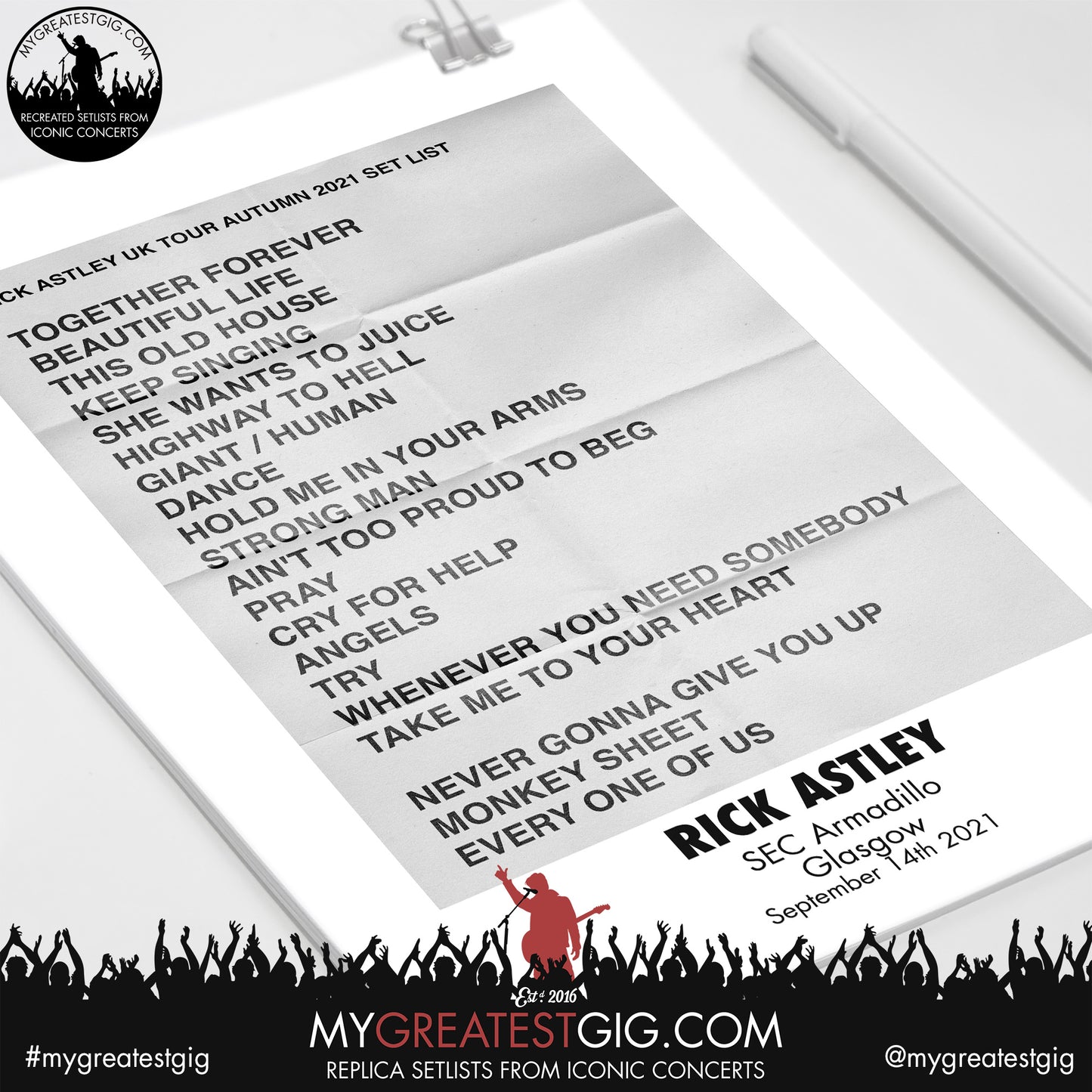Rick Astley - Glasgow - September 14th 2021 Replica Setlist Poster