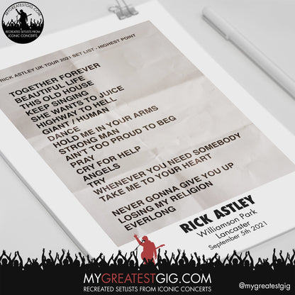 Rick Astley - London - September 5th 2021 Replica Setlist Poster