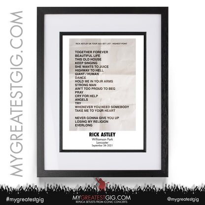Rick Astley - London - September 5th 2021 Replica Setlist Poster