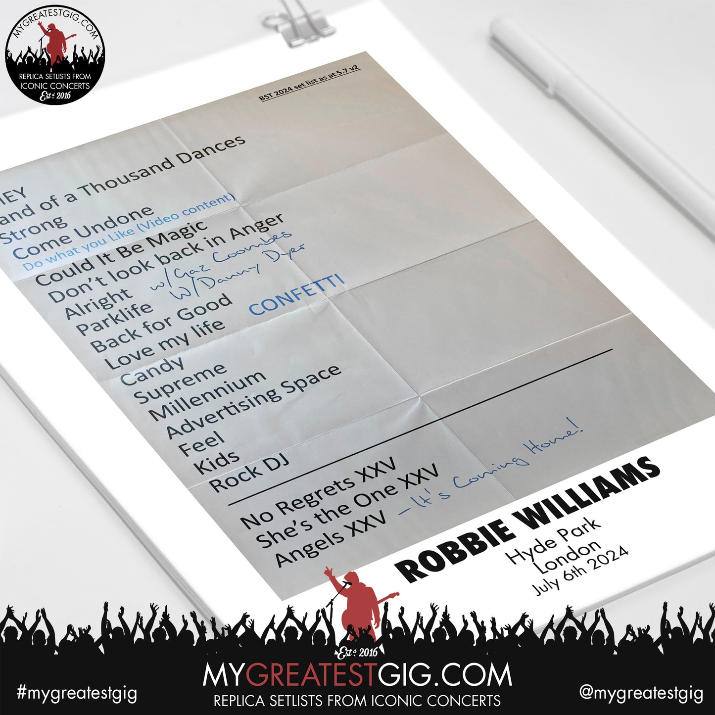 Robbie Williams - BST Hyde Park - July 6th 2024 Replica Setlist Poster