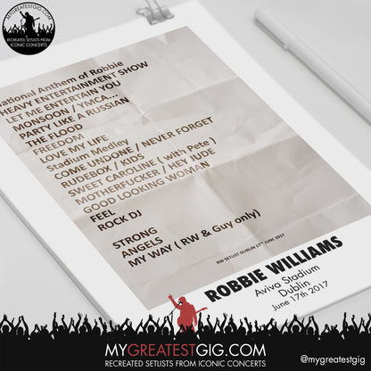 Robbie Williams - Dublin - June 17th 2017 Recreated Setlist Poster