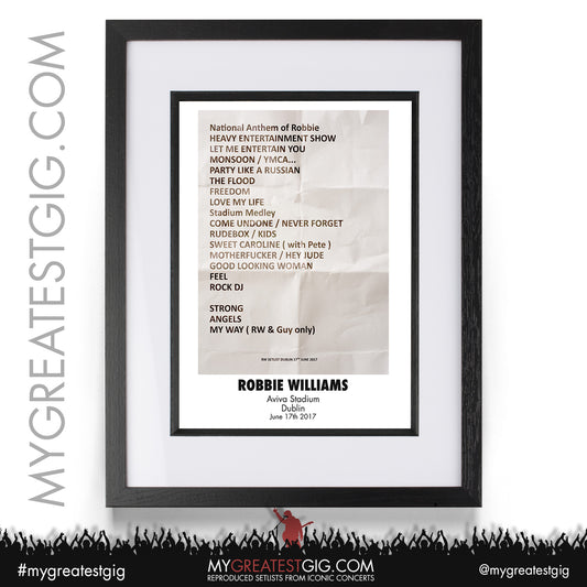 Robbie Williams - Dublin - June 17th 2017 Recreated Setlist Poster