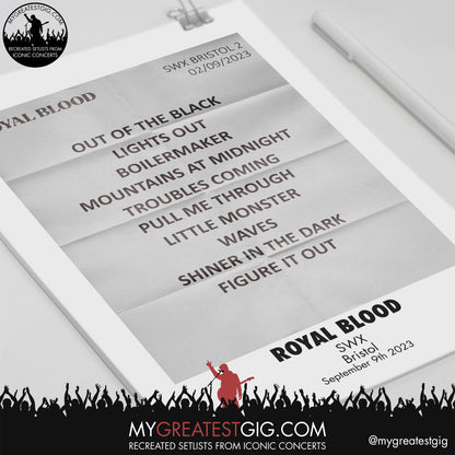 Royal Blood - Bristol - September 9th 2023 Recreated Setlist Poster