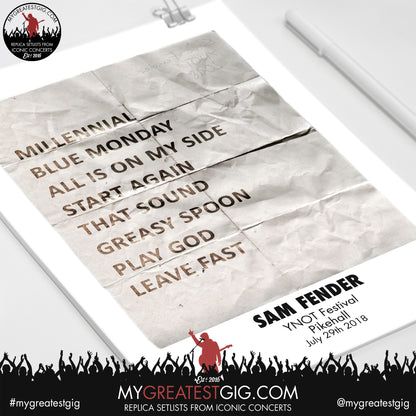 Sam Fender - Y NOT Festival - July 29th 2018 Replica Setlist Poster