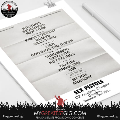 Sex Pistols - Glasgow - September 22nd 2024 Replica Setlist Poster