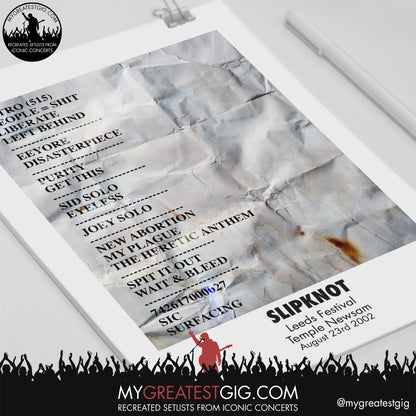 Slipknot - Leeds Festival - August 23rd 2002 Recreated Setlist Poster