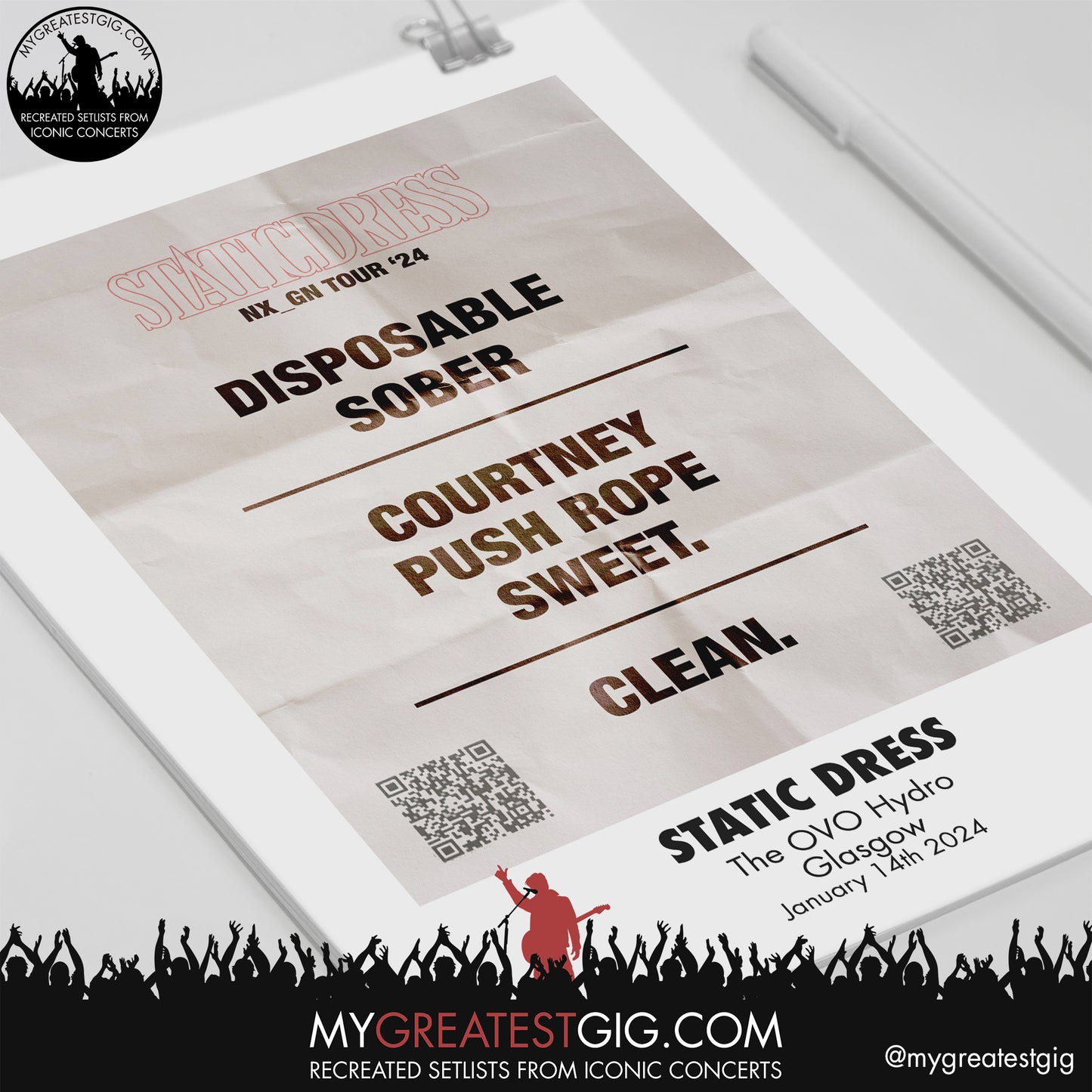 Static Dress - Glasgow - January 14th 2024 Recreated Setlist Poster