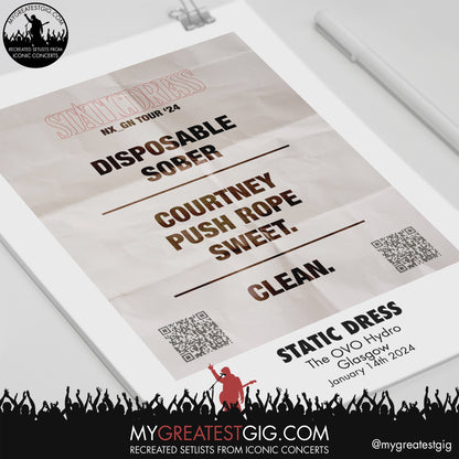 Static Dress - Glasgow - January 14th 2024 Recreated Setlist Poster