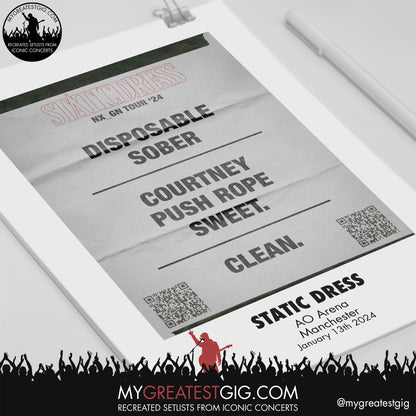 Static Dress - Manchester - January 13th 2024 Recreated Setlist Poster