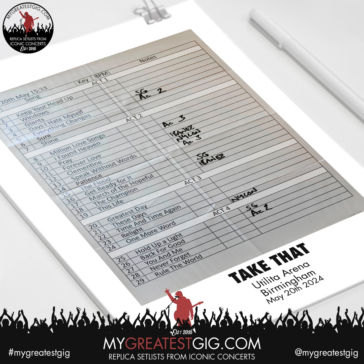 Take That - Birmingham - May 20th 2024 Replica Setlist Poster