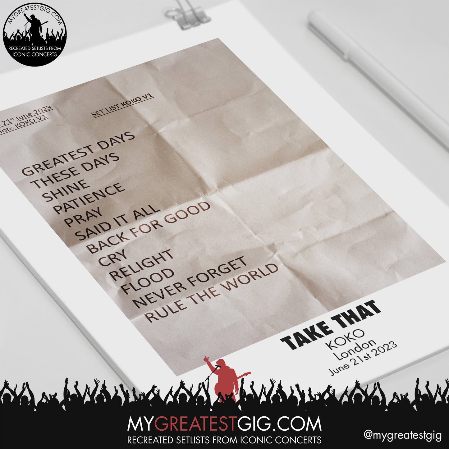Take That - Koko - June 21st 2023 Recreated Setlist Poster
