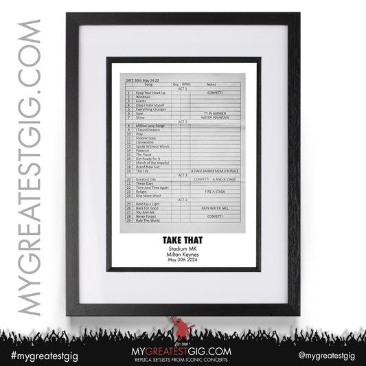 Take That - Milton Keynes - May 30th 2024 Replica Setlist Poster