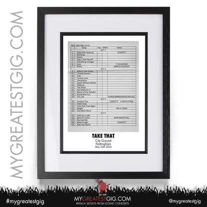 Take That - Nottingham - May 26th 2024 Replica Setlist Poster