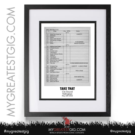 Take That - Nottingham - May 26th 2024 Replica Setlist Poster