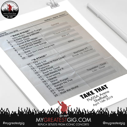 Take That - Sheffield - April 16th 2019 Replica Setlist Poster