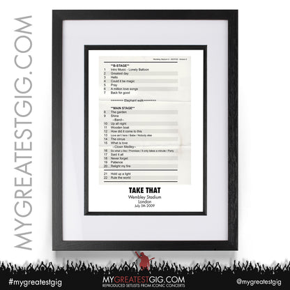 Take That - London - July 5th 2009 Recreated Setlist Poster