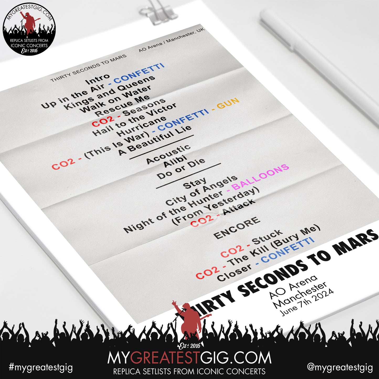 Thirty Seconds To Mars - Manchester - June 7th 2024 Replica Setlist Poster