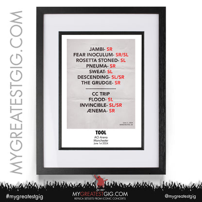 Tool - Manchester - June 1st 2024 Replica Setlist Poster