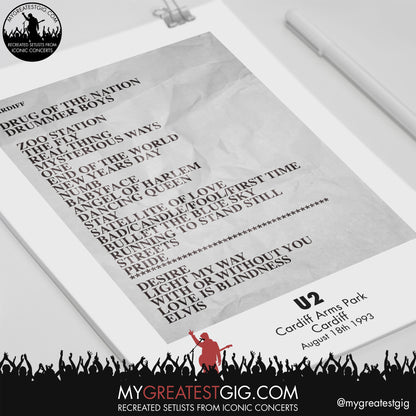U2 - Cardiff - August 18th 1993 Recreated Setlist Poster