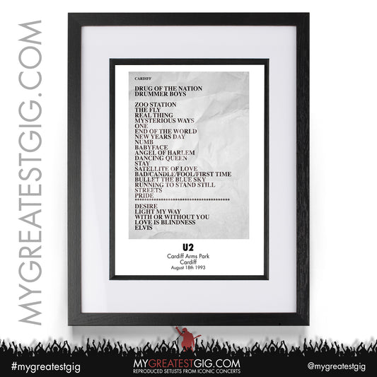 U2 - Cardiff - August 18th 1993 Recreated Setlist Poster