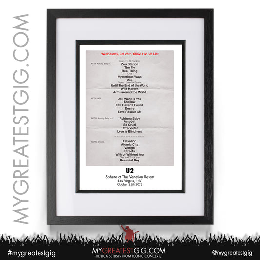 U2 - Las Vegas - October 25th 2023 Replica Setlist Poster