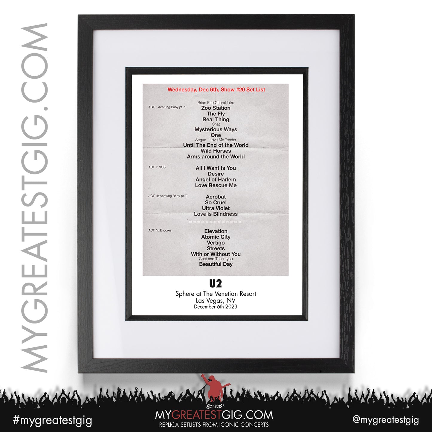 U2 - Las Vegas - December 6th 2023 Replica Setlist Poster