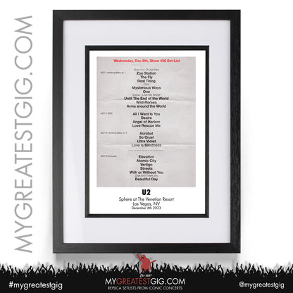 U2 - Las Vegas - December 6th 2023 Replica Setlist Poster