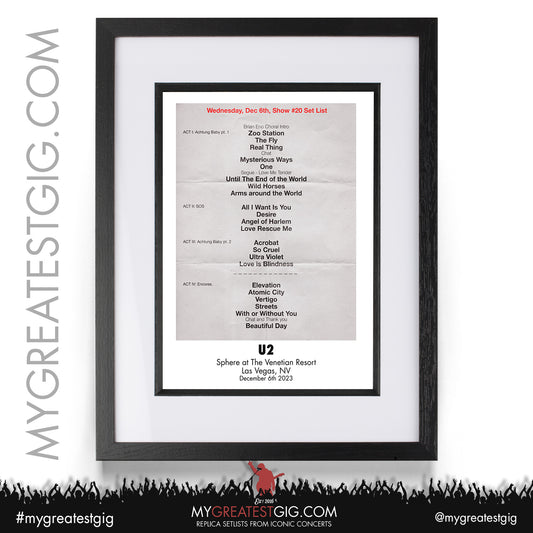 U2 - Las Vegas - December 6th 2023 Replica Setlist Poster
