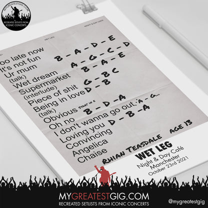 Wet Leg - Manchester - October 23rd 2021 Recreated Setlist Poster