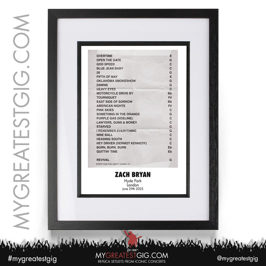 Zach Bryan - Hyde Park - June 28th/29th 2025 Replica Setlist Posters