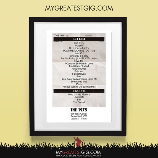 The 1975 - Broomfield - Dec 1st 2019 Recreated Set List Poster
