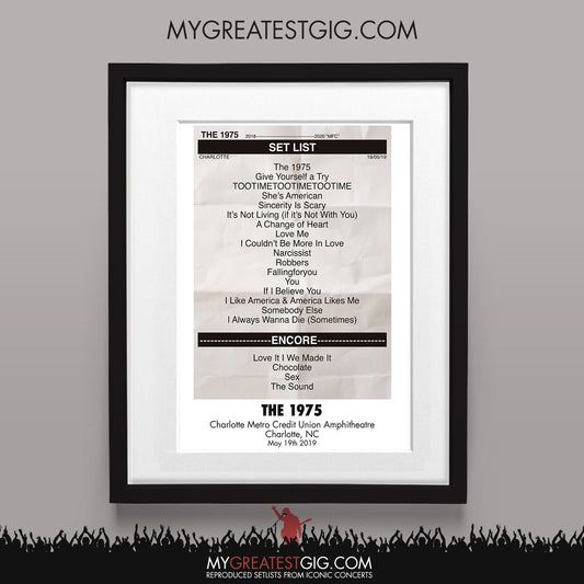 The 1975 - Charlotte - May 19th 2019 Recreated Set List Poster
