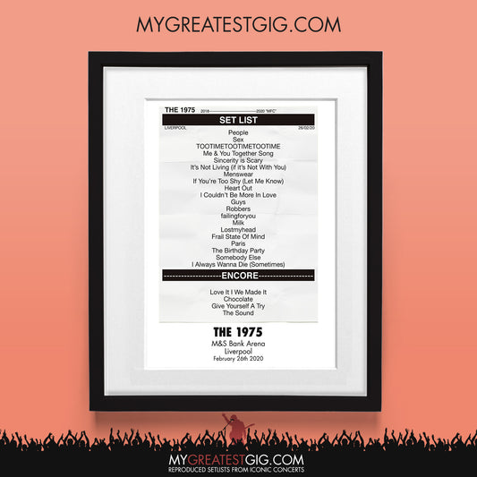 The 1975 - Liverpool - Feb 26th 2020 Recreated Set List Poster