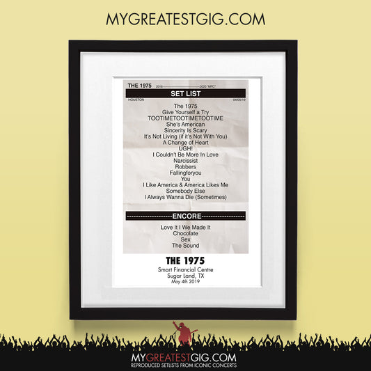 The 1975 - Sugar Land - May 4th 2019 Recreated Set List Poster