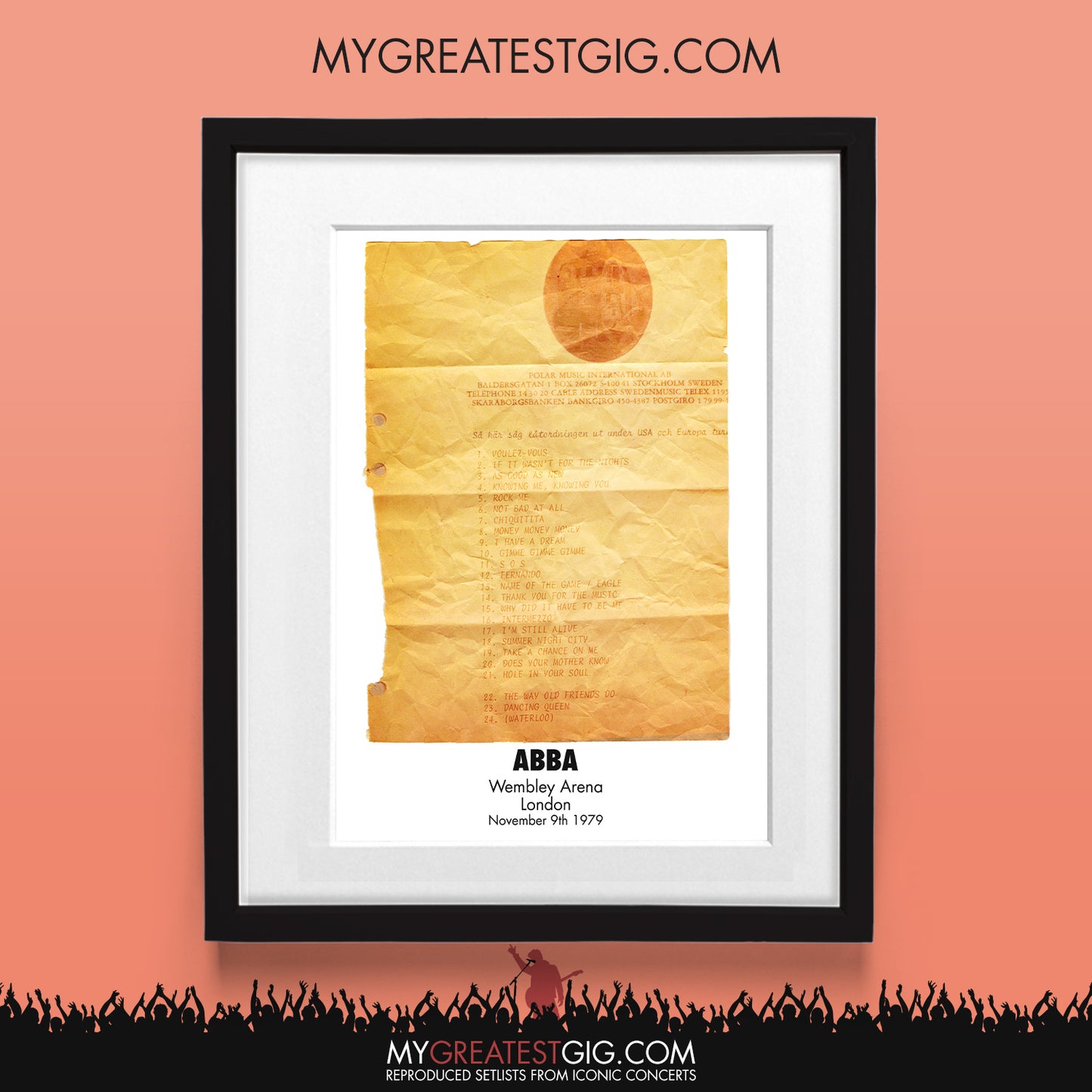 ABBA - Wembley - Nov 9th 1979 Recreated Set List Poster