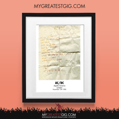 AC/DC - London - Nov 15th 1980 Recreated Set List Poster
