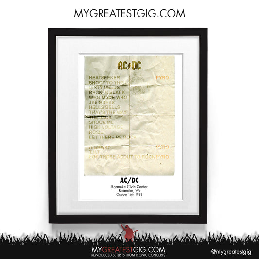 AC/DC - Roanoke - Oct 16th 1988 Recreated Setlist Poster