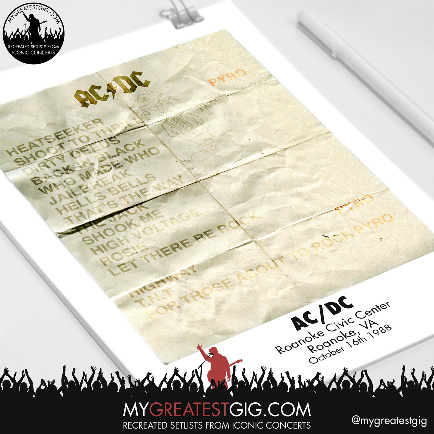 AC/DC - Roanoke - Oct 16th 1988 Recreated Setlist Poster