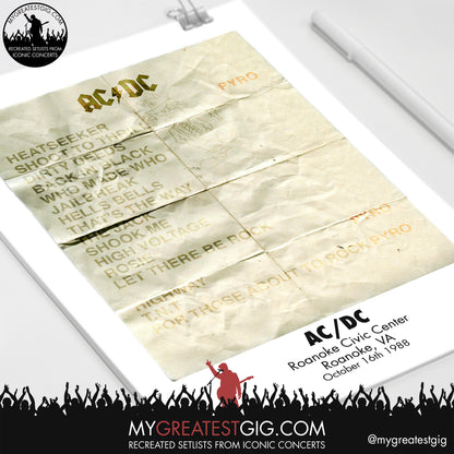 AC/DC - Roanoke - Oct 16th 1988 Recreated Setlist Poster
