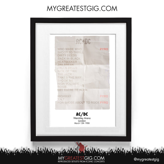 AC/DC - Wembley - Mar 13th 1988 Recreated Set List Poster