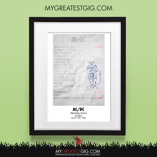 AC/DC - Wembley - Mar 12th 1988 Recreated Set List Poster