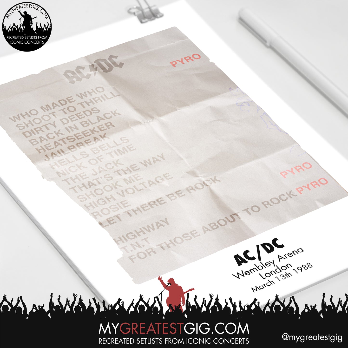 AC/DC - Wembley - Mar 13th 1988 Recreated Set List Poster