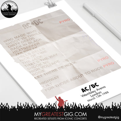 AC/DC - Wembley - Mar 13th 1988 Recreated Set List Poster