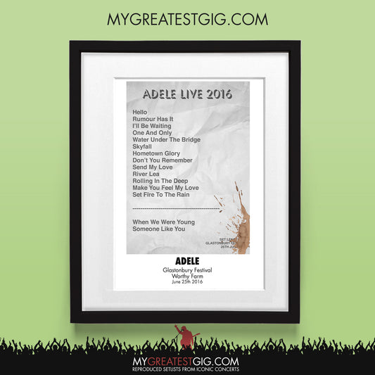 Adele - Glastonbury Festival - Jun 25th 2016 Recreated Set List Poster