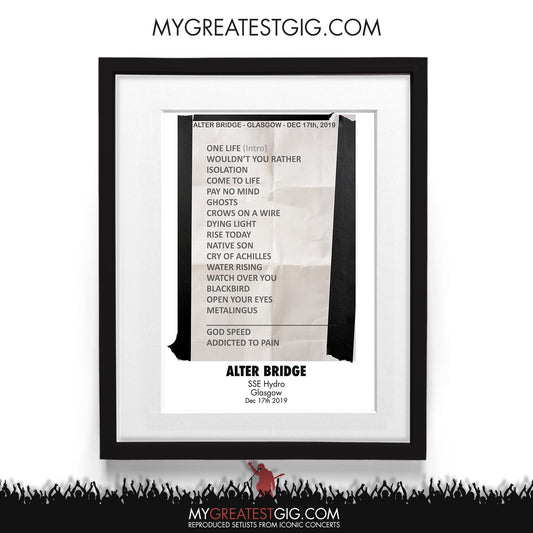 Alter Bridge - Glasgow - Dec 17th 2019 Recreated Setlist Poster