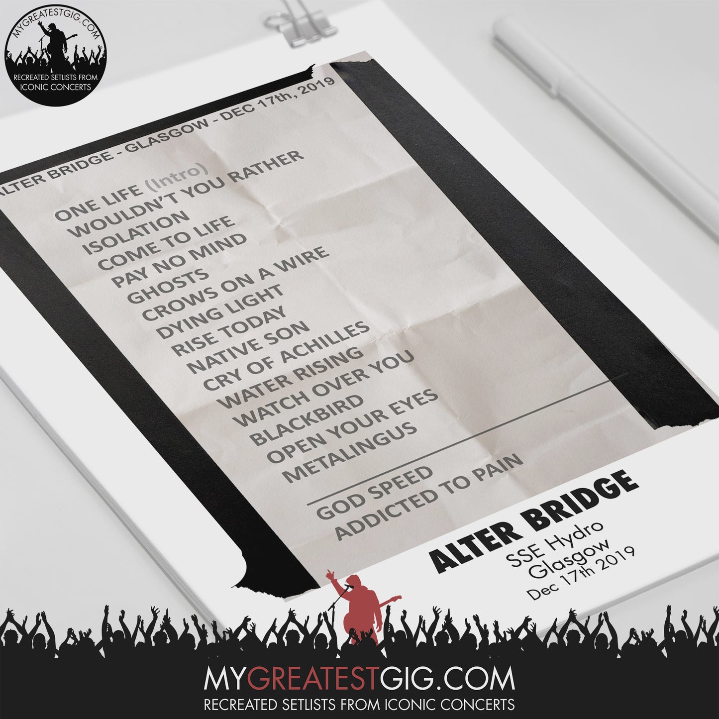 Alter Bridge - Glasgow - Dec 17th 2019 Recreated Setlist Poster