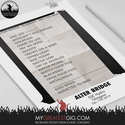 Alter Bridge - Glasgow - Dec 17th 2019 Recreated Setlist Poster