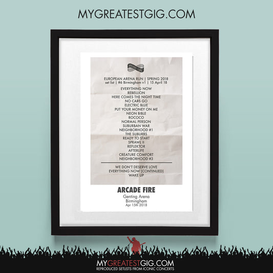 Arcade Fire - Birmingham - Apr 15th 2018 Recreated Set List Poster